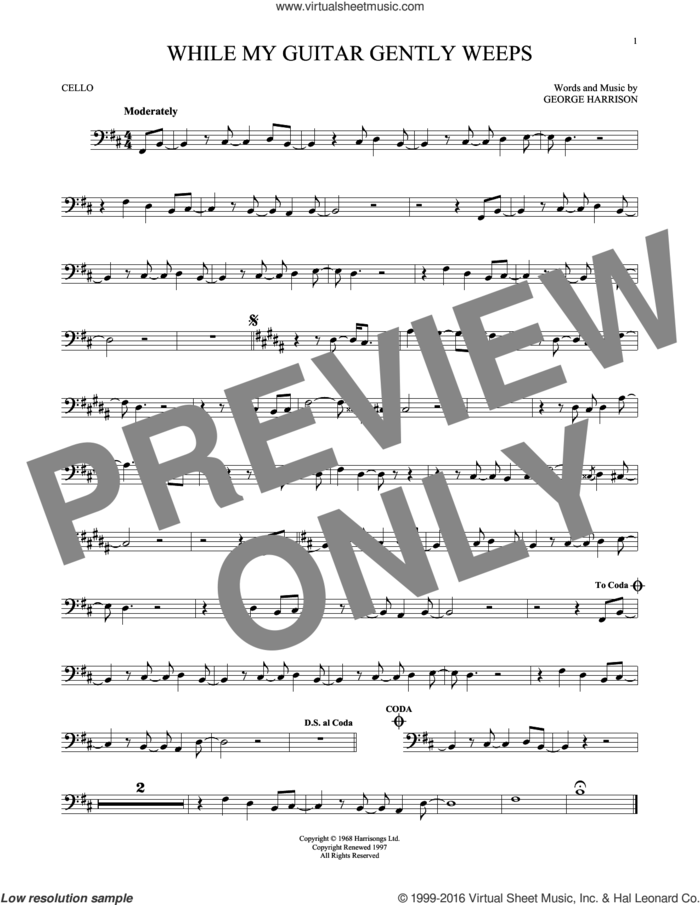 While My Guitar Gently Weeps sheet music for cello solo by The Beatles, Santana featuring India.Arie & Yo-Yo Ma and George Harrison, intermediate skill level