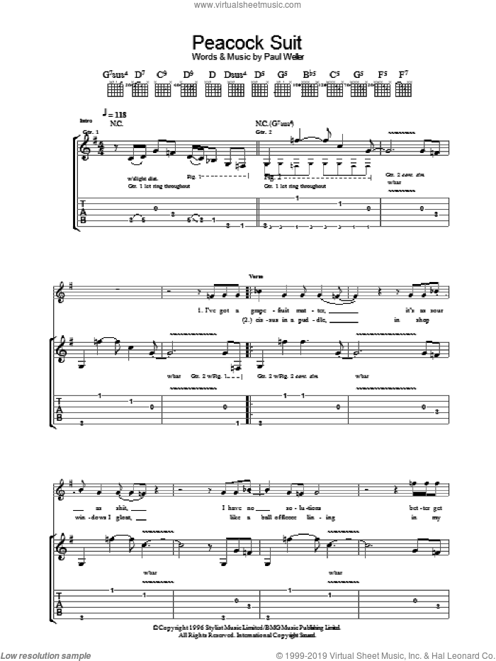 Peacock Suit sheet music for guitar (tablature) by Paul Weller, intermediate skill level