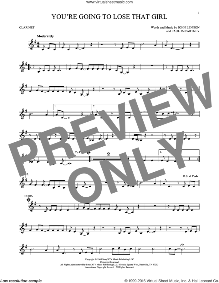 You're Going To Lose That Girl sheet music for clarinet solo by The Beatles, John Lennon and Paul McCartney, intermediate skill level