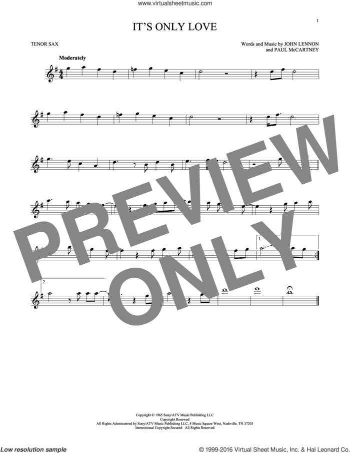 It's Only Love sheet music for tenor saxophone solo by The Beatles, John Lennon and Paul McCartney, intermediate skill level