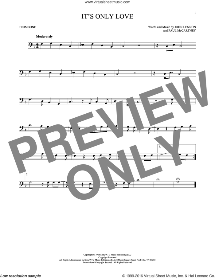 It's Only Love sheet music for trombone solo by The Beatles, John Lennon and Paul McCartney, intermediate skill level
