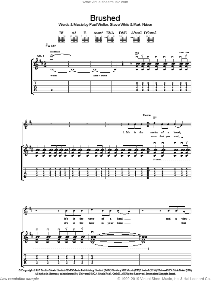Brushed sheet music for guitar (tablature) by Paul Weller, Mark Nelson and Steve White, intermediate skill level
