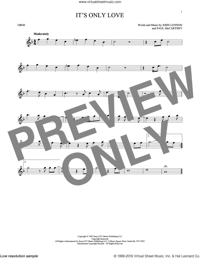 It's Only Love sheet music for oboe solo by The Beatles, John Lennon and Paul McCartney, intermediate skill level