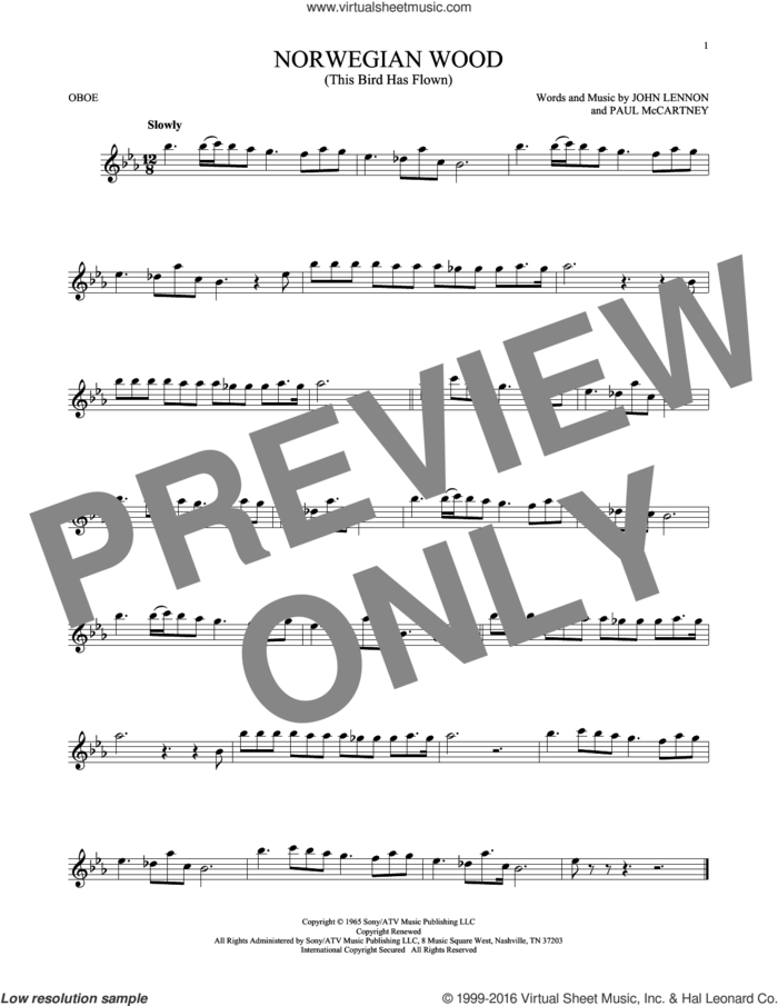 Norwegian Wood (This Bird Has Flown) sheet music for oboe solo by The Beatles, John Lennon and Paul McCartney, intermediate skill level