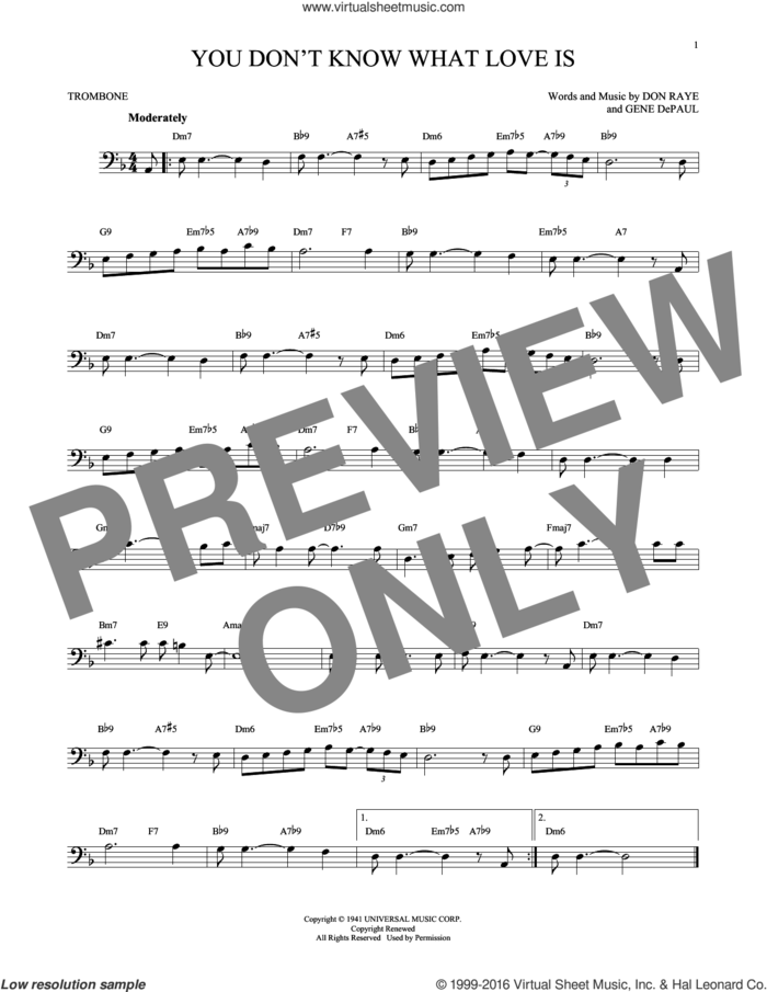 You Don't Know What Love Is sheet music for trombone solo by Carol Bruce, Don Raye and Gene DePaul, intermediate skill level