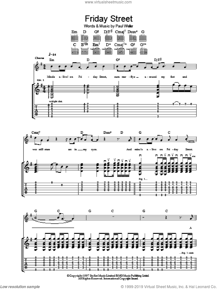 Friday Street sheet music for guitar (tablature) by Paul Weller, intermediate skill level