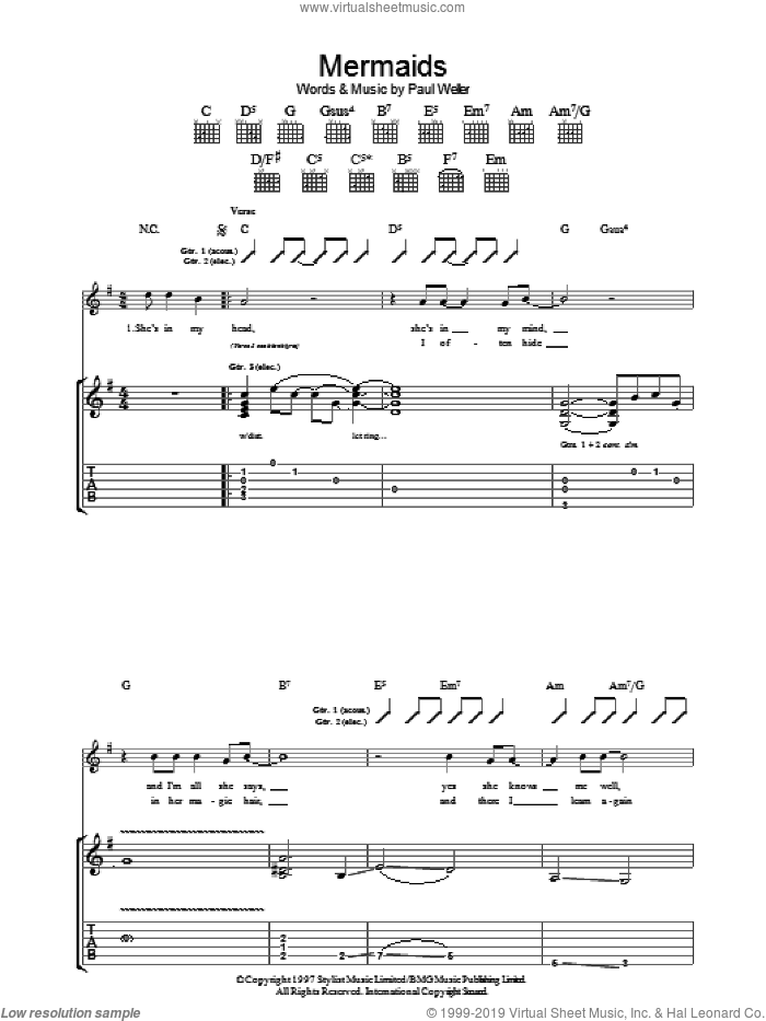 Mermaids sheet music for guitar (tablature) by Paul Weller, intermediate skill level