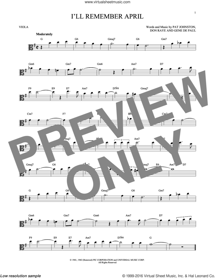 I'll Remember April sheet music for viola solo by Woody Herman & His Orchestra, Don Raye, Gene DePaul and Pat Johnston, intermediate skill level