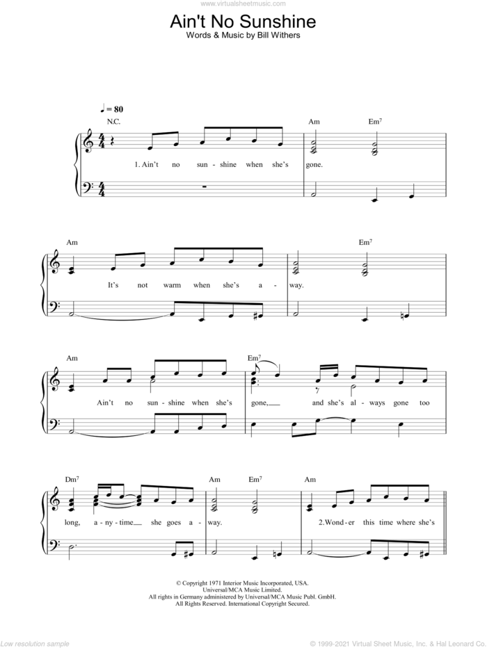 Ain't No Sunshine sheet music for piano solo by Bill Withers, easy skill level