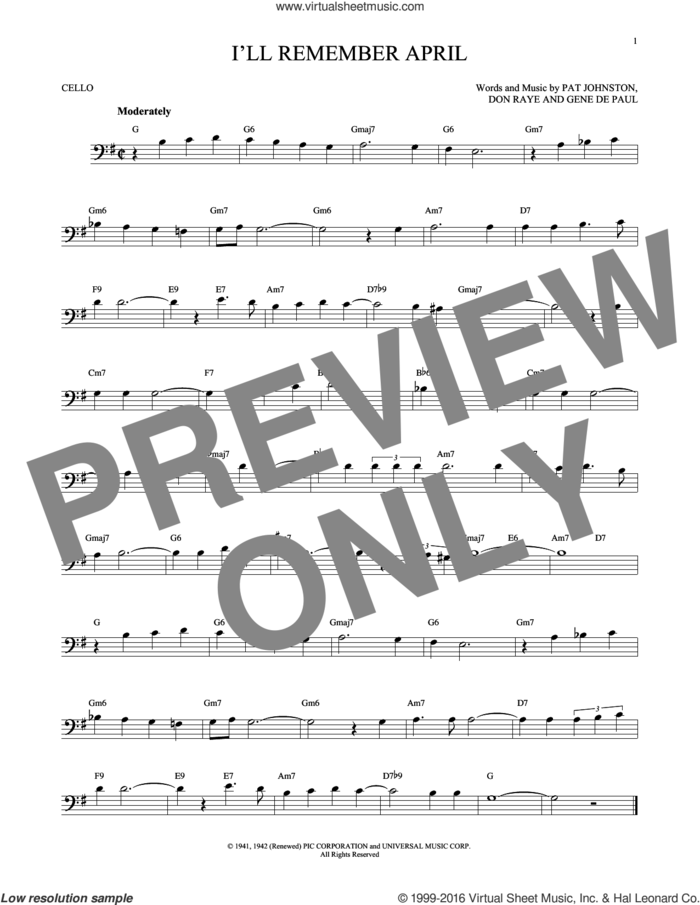 I'll Remember April sheet music for cello solo by Woody Herman & His Orchestra, Don Raye, Gene DePaul and Pat Johnston, intermediate skill level