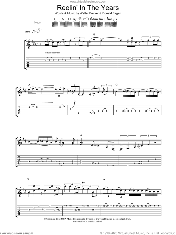 Reelin' In The Years sheet music for guitar (tablature) by Steely Dan, Donald Fagen and Walter Becker, intermediate skill level