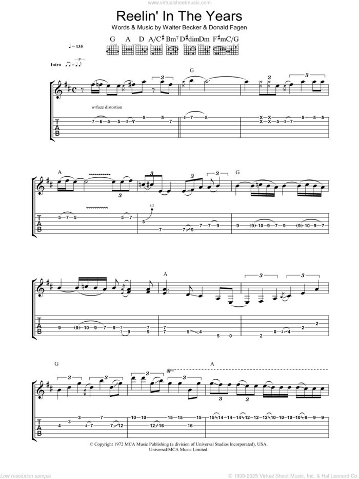 Reelin' In The Years sheet music for guitar (tablature) by Steely Dan, Donald Fagen and Walter Becker, intermediate skill level