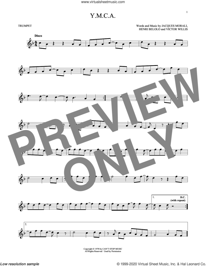 Y.M.C.A. sheet music for trumpet solo by Village People, Henri Belolo, Jacques Morali and Victor Willis, intermediate skill level
