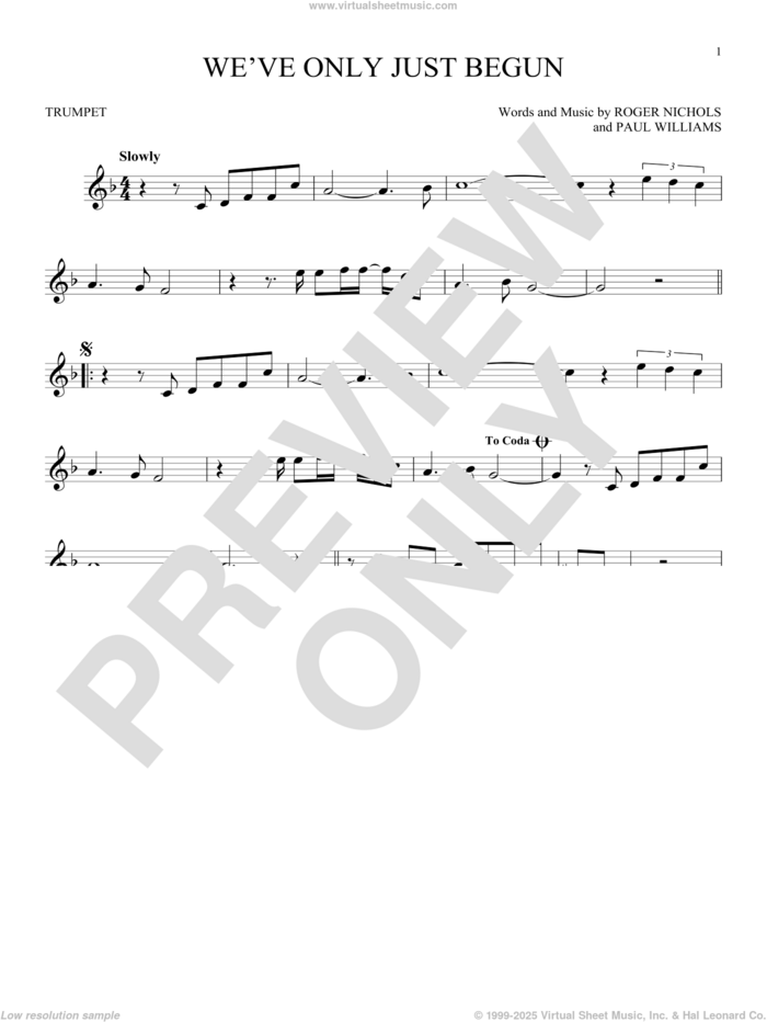 We've Only Just Begun sheet music for trumpet solo by Carpenters, Paul Williams and Roger Nichols, wedding score, intermediate skill level