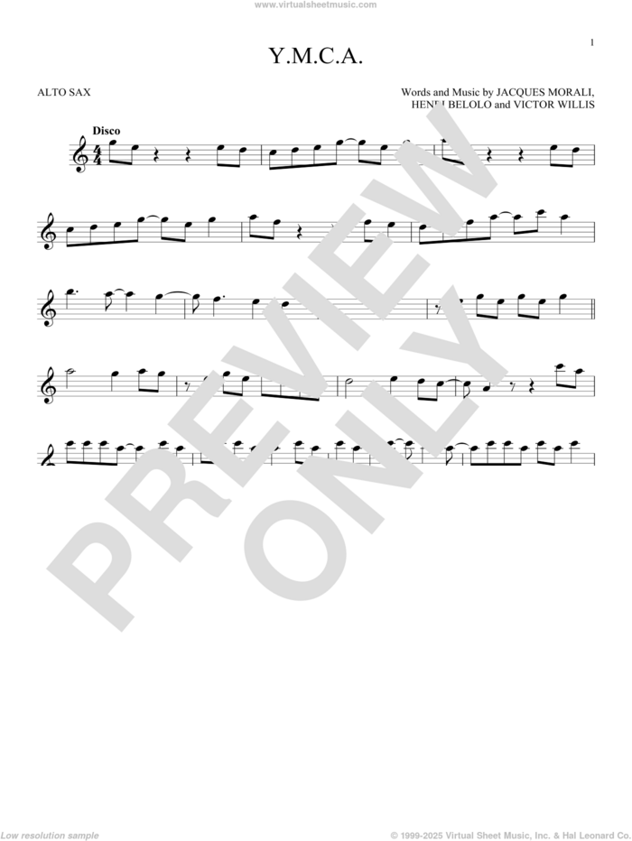 Y.M.C.A. sheet music for alto saxophone solo by Village People, Henri Belolo, Jacques Morali and Victor Willis, intermediate skill level