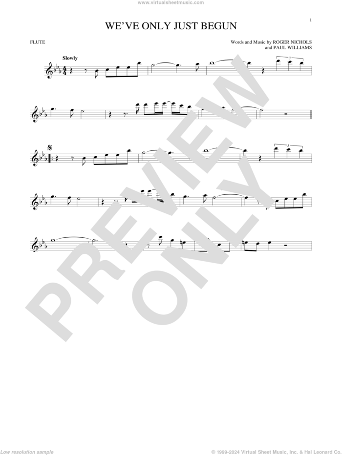 We've Only Just Begun sheet music for flute solo by Carpenters, Paul Williams and Roger Nichols, wedding score, intermediate skill level