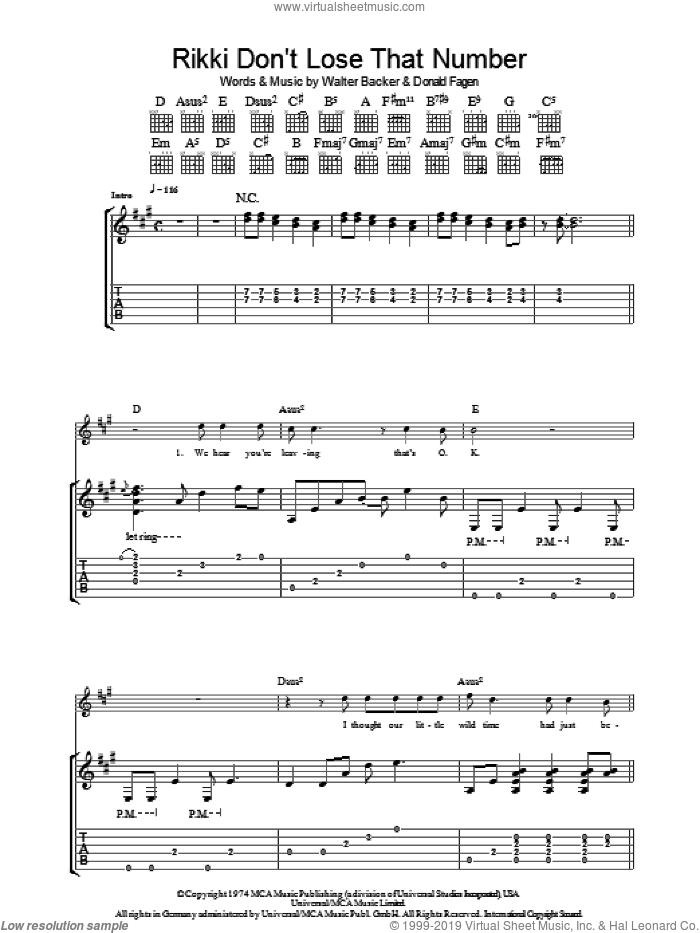 Rikki Don't Lose That Number sheet music for guitar (tablature) by Steely Dan, Donald Fagen and Walter Becker, intermediate skill level