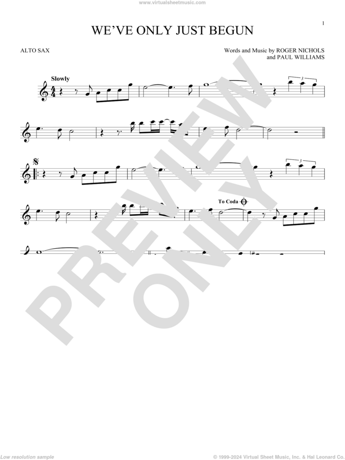 We've Only Just Begun sheet music for alto saxophone solo by Carpenters, Paul Williams and Roger Nichols, wedding score, intermediate skill level