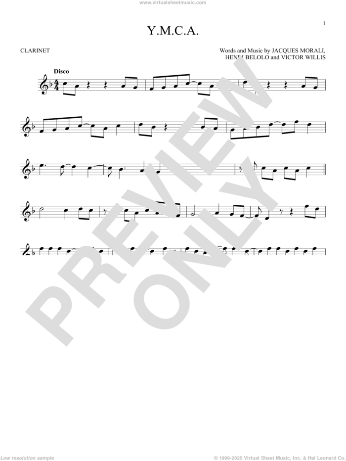 Y.M.C.A. sheet music for clarinet solo by Village People, Henri Belolo, Jacques Morali and Victor Willis, intermediate skill level