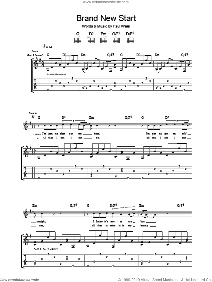 Brand New Start sheet music for guitar (tablature) by Paul Weller, intermediate skill level