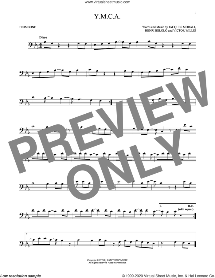 Y.M.C.A. sheet music for trombone solo by Village People, Henri Belolo, Jacques Morali and Victor Willis, intermediate skill level