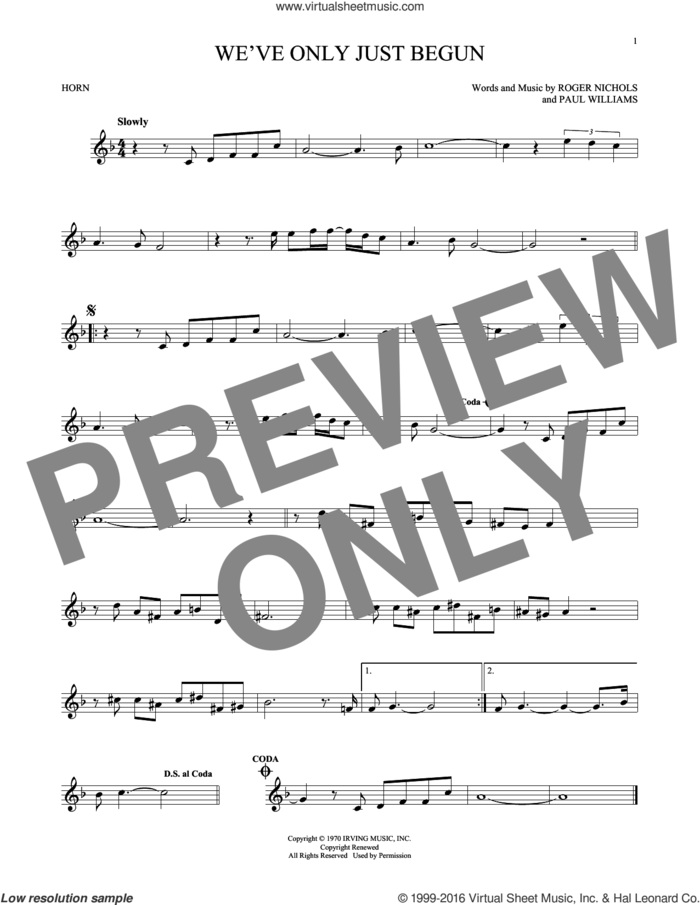 We've Only Just Begun sheet music for horn solo by Carpenters, Paul Williams and Roger Nichols, wedding score, intermediate skill level