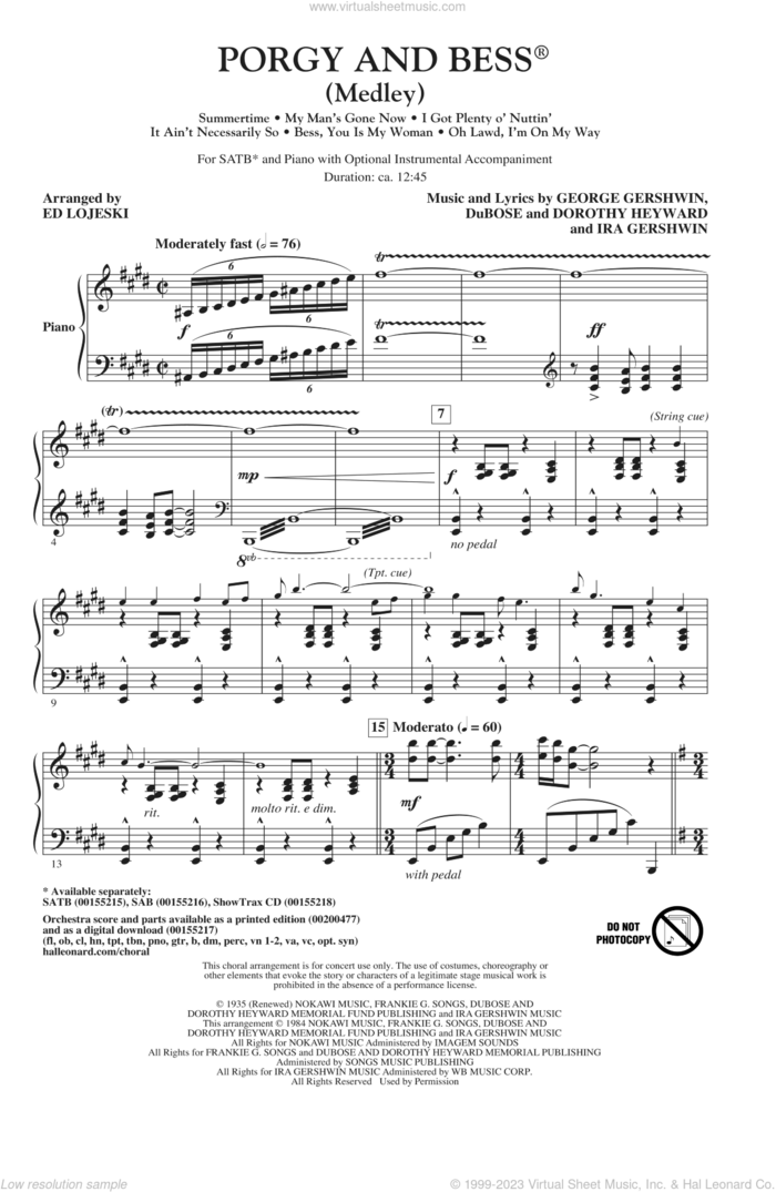 Porgy And Bess (Medley) sheet music for choir (SATB: soprano, alto, tenor, bass) by George Gershwin, Ed Lojeski, Dorothy Heyward, DuBose Heyward and Ira Gershwin, intermediate skill level