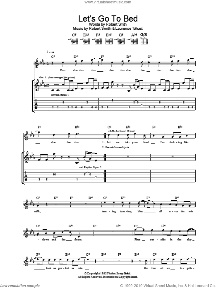 Let's Go To Bed sheet music for guitar (tablature) by The Cure, Laurence Tolhurst and Robert Smith, intermediate skill level