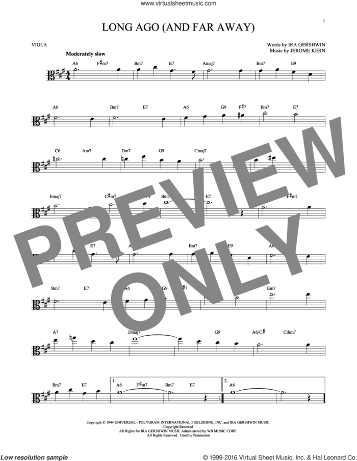 Long Ago (And Far Away) sheet music for viola solo by Ira Gershwin and Jerome Kern, intermediate skill level
