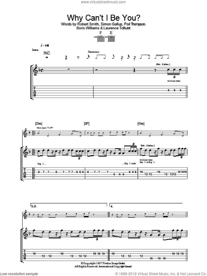 Why Can't I Be You? sheet music for guitar (tablature) by The Cure, Boris Williams, Laurence Tolhurst, Porl Thompson, Robert Smith and Simon Gallup, intermediate skill level