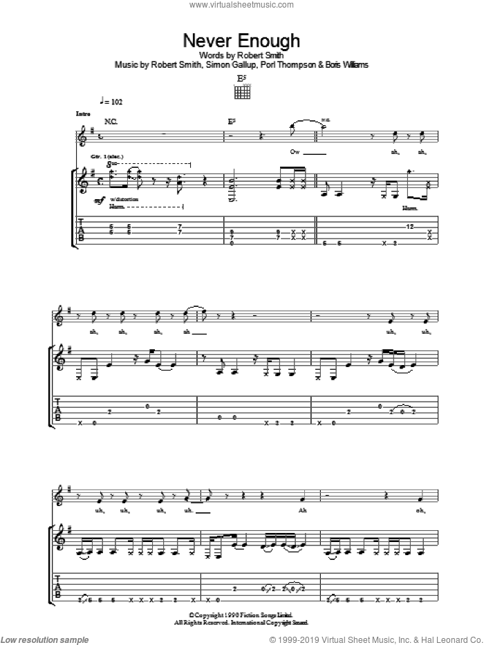 Never Enough sheet music for guitar (tablature) by The Cure, Boris Williams, Porl Thompson, Robert Smith and Simon Gallup, intermediate skill level