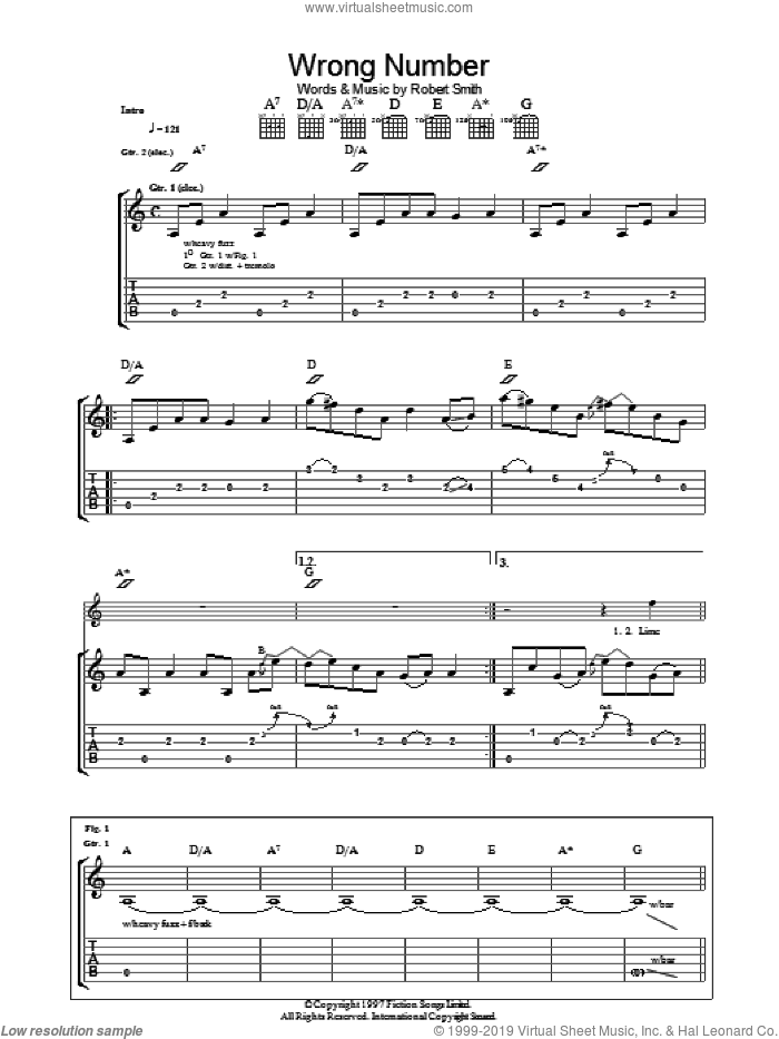 Wrong Number sheet music for guitar (tablature) by The Cure and Robert Smith, intermediate skill level