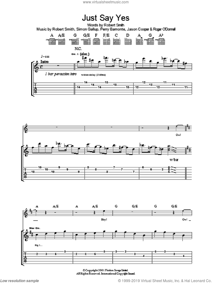 Just Say Yes sheet music for guitar (tablature) by The Cure, Jason Cooper, Perry Bamonte, Robert Smith and Simon Gallup, intermediate skill level