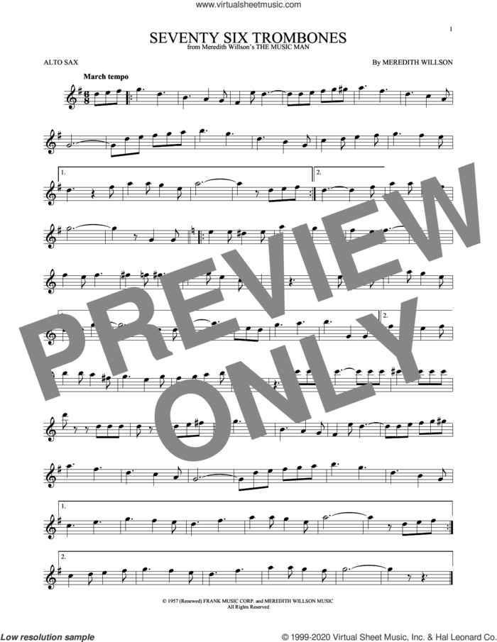 Seventy Six Trombones sheet music for alto saxophone solo by Meredith Willson, intermediate skill level