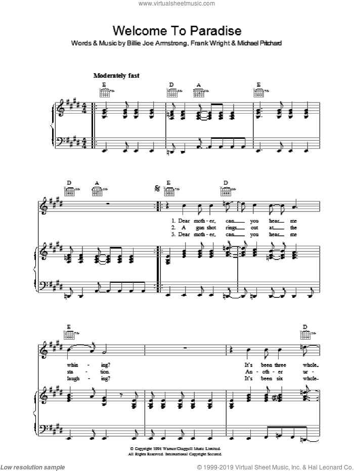 Welcome To Paradise sheet music for voice, piano or guitar by Green Day, Billie Joe Armstrong, Frank Wright and Mike Pritchard, intermediate skill level
