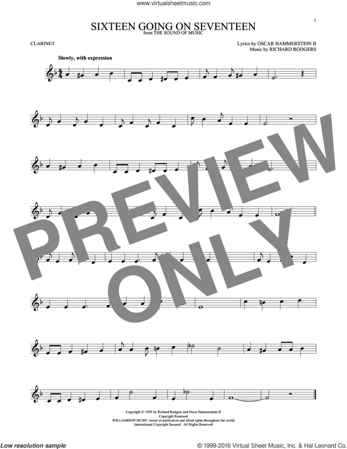 Sixteen Going On Seventeen sheet music for clarinet solo by Rodgers & Hammerstein, Oscar II Hammerstein and Richard Rodgers, intermediate skill level