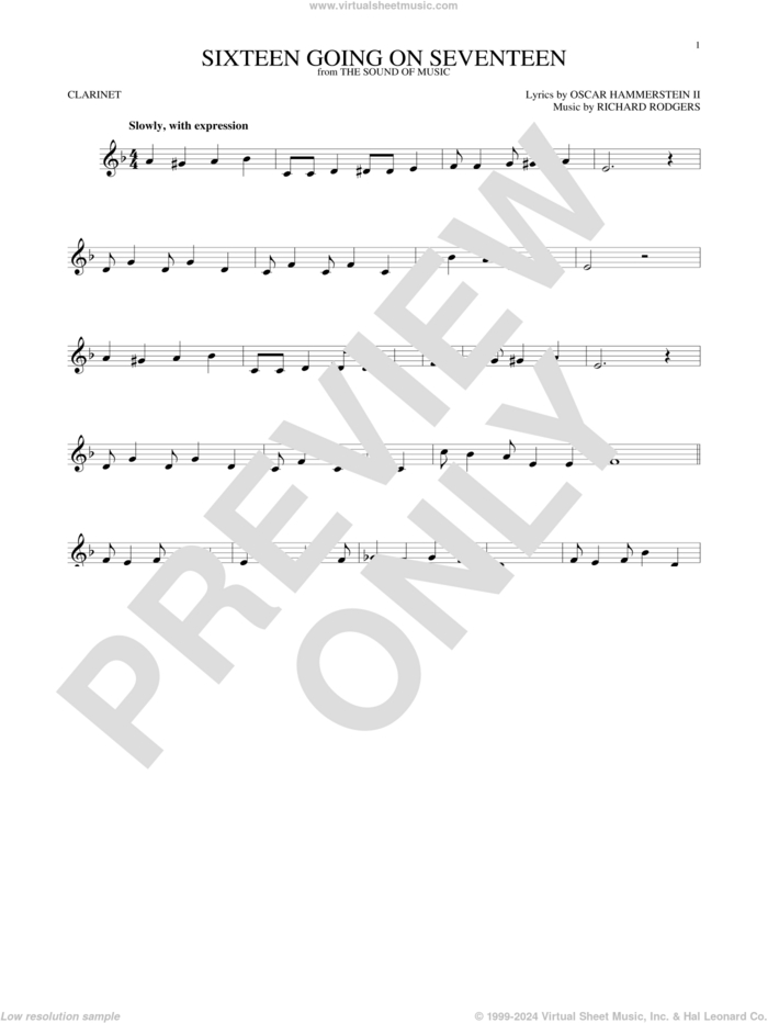 Sixteen Going On Seventeen sheet music for clarinet solo by Rodgers & Hammerstein, Oscar II Hammerstein and Richard Rodgers, intermediate skill level