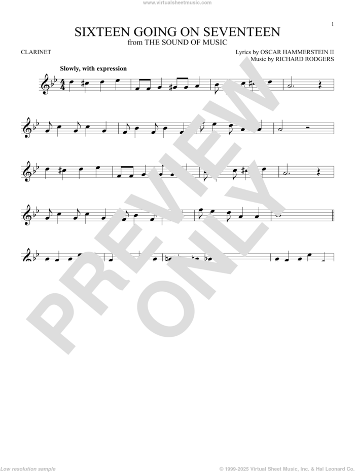 Sixteen Going On Seventeen sheet music for clarinet solo by Rodgers & Hammerstein, Oscar II Hammerstein and Richard Rodgers, intermediate skill level