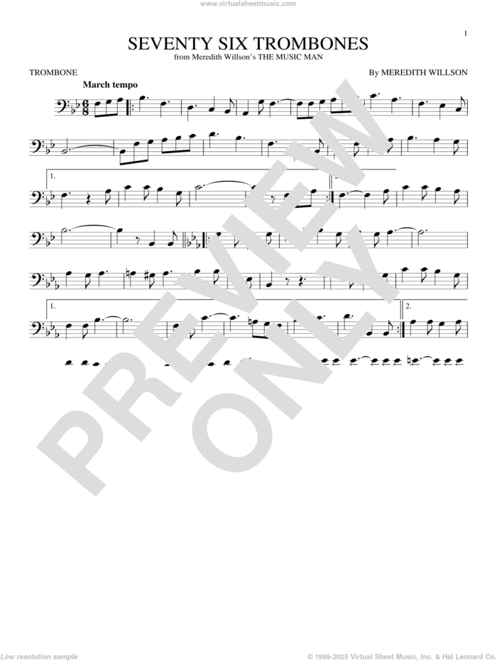 Seventy Six Trombones sheet music for trombone solo by Meredith Willson, intermediate skill level