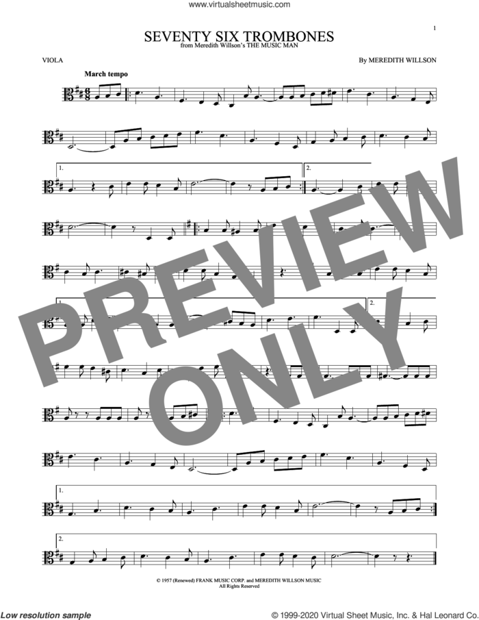 Seventy Six Trombones sheet music for viola solo by Meredith Willson, intermediate skill level