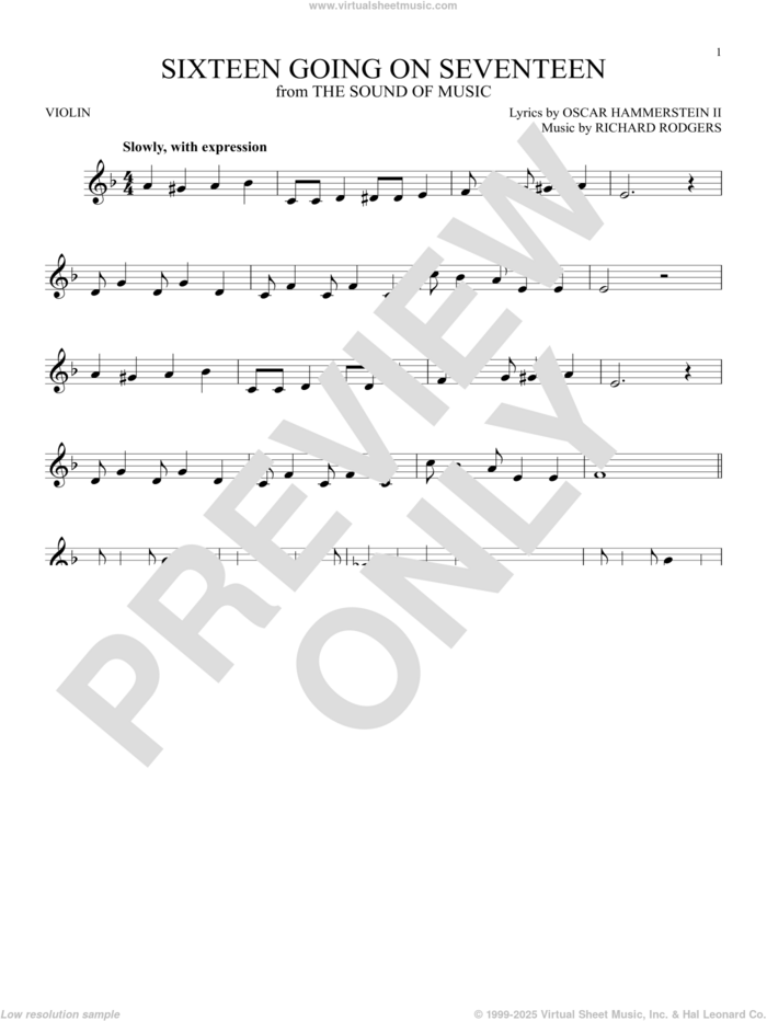 Sixteen Going On Seventeen sheet music for violin solo by Rodgers & Hammerstein, Oscar II Hammerstein and Richard Rodgers, intermediate skill level