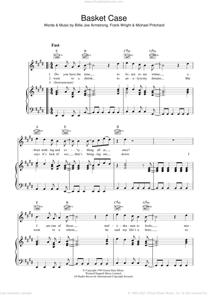 Basket Case sheet music for voice, piano or guitar by Green Day, Billie Joe Armstrong, Frank Wright and Mike Pritchard, intermediate skill level