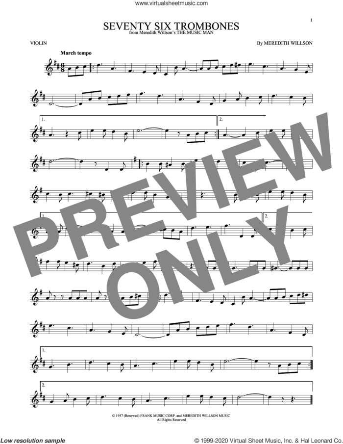 Seventy Six Trombones sheet music for violin solo by Meredith Willson, intermediate skill level