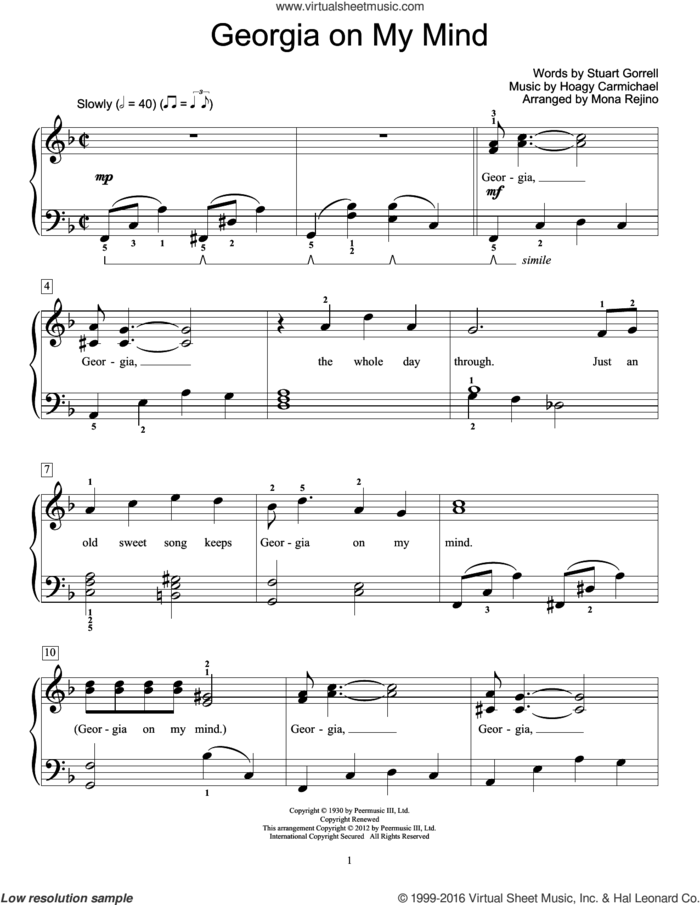 Georgia On My Mind sheet music for piano solo (elementary) by Hoagy Carmichael, Miscellaneous, Ray Charles, Willie Nelson and Stuart Gorrell, beginner piano (elementary)