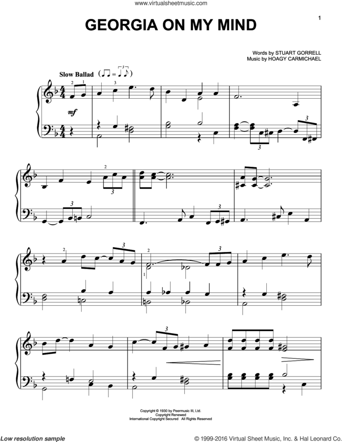 Georgia On My Mind, (easy) sheet music for piano solo by Hoagy Carmichael, Miscellaneous, Ray Charles, Willie Nelson and Stuart Gorrell, easy skill level
