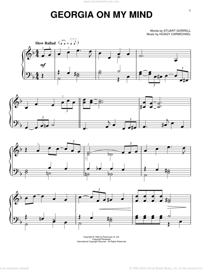 Georgia On My Mind, (easy) sheet music for piano solo by Hoagy Carmichael, Miscellaneous, Ray Charles, Willie Nelson and Stuart Gorrell, easy skill level