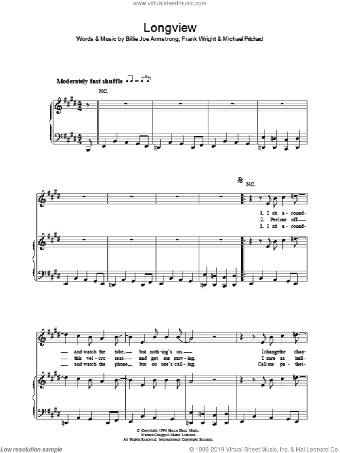 Longview sheet music for voice, piano or guitar by Green Day, Billie Joe Armstrong, Frank Wright and Mike Pritchard, intermediate skill level