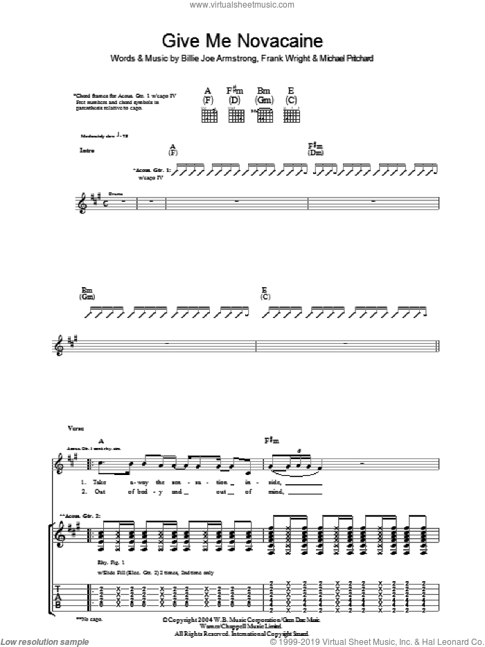 Give Me Novacaine sheet music for guitar (tablature) by Green Day, Billie Joe Armstrong, Frank Wright and Mike Pritchard, intermediate skill level