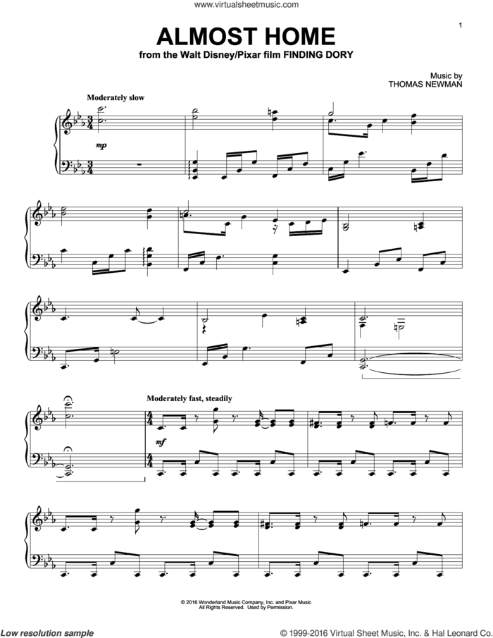 Almost Home (from Finding Dory), (intermediate) sheet music for piano solo by Thomas Newman, intermediate skill level