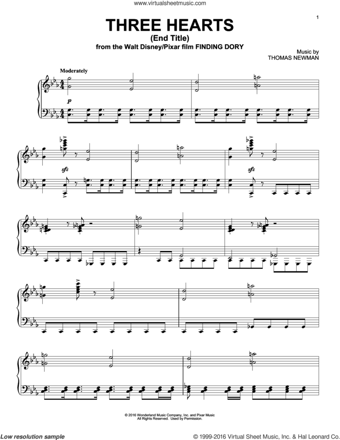 Three Hearts (End Title) (from Finding Dory), (intermediate) sheet music for piano solo by Thomas Newman, intermediate skill level